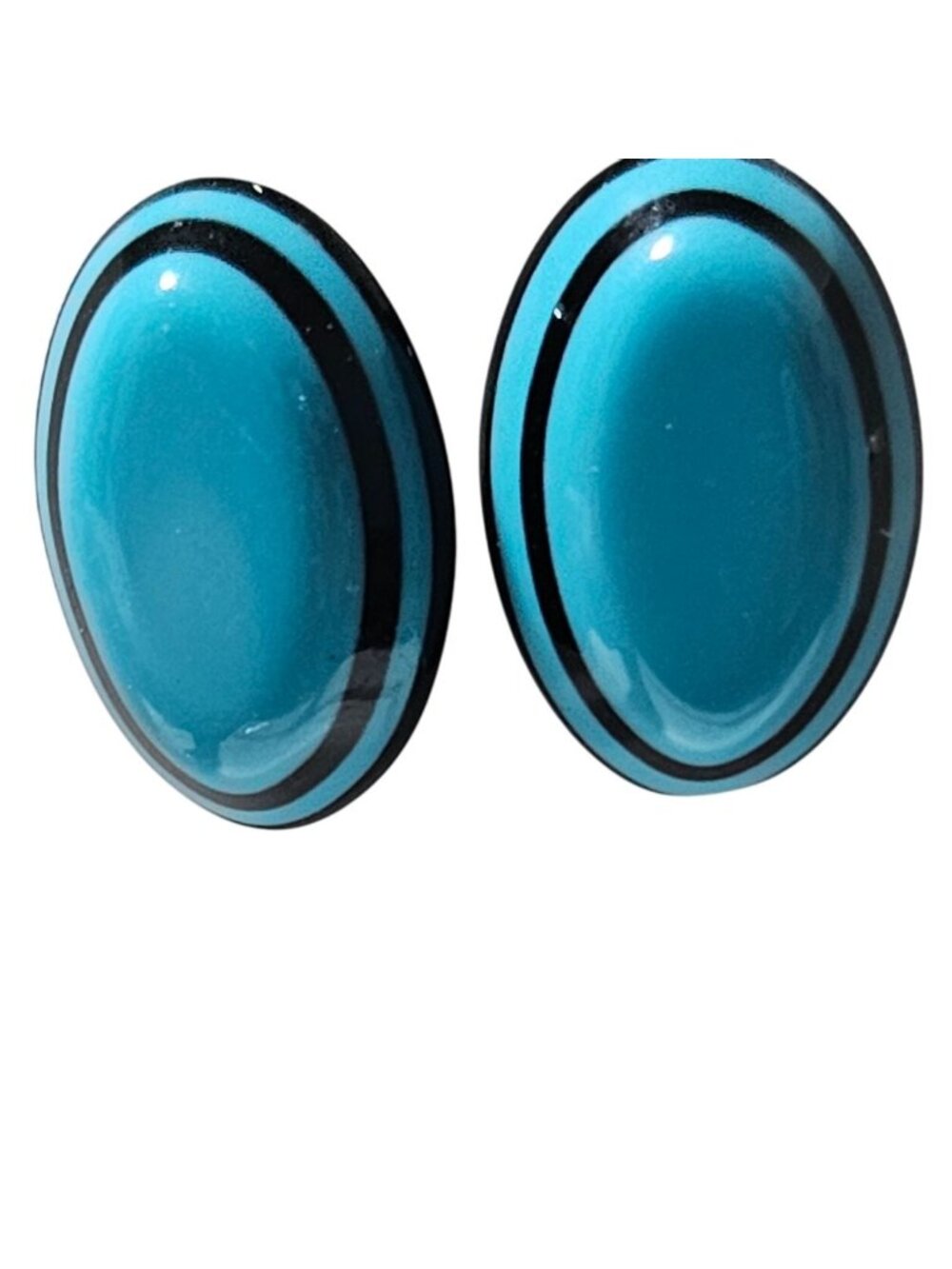 Vintage Enamel Post Earrings Oval Blue Black Striped Retro 50s 60s Fashion Women